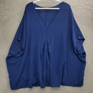 Ellos Tunic Top Oversized Plus Size 3X Blue Navy Textured Lightweight V Neck
